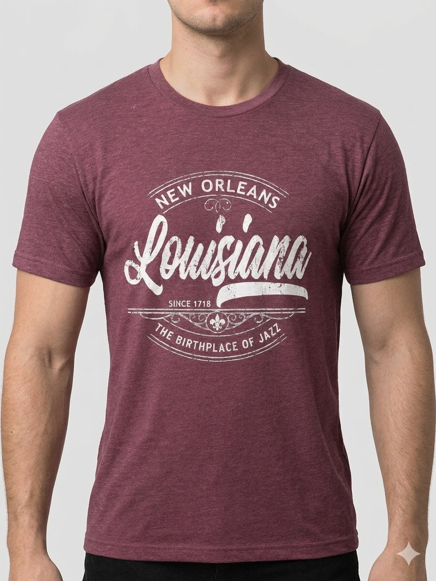 A man wearing a heathered maroon short-sleeve t-shirt with a distressed white graphic that reads 'New Orleans Louisiana The Birthplace of Jazz'.