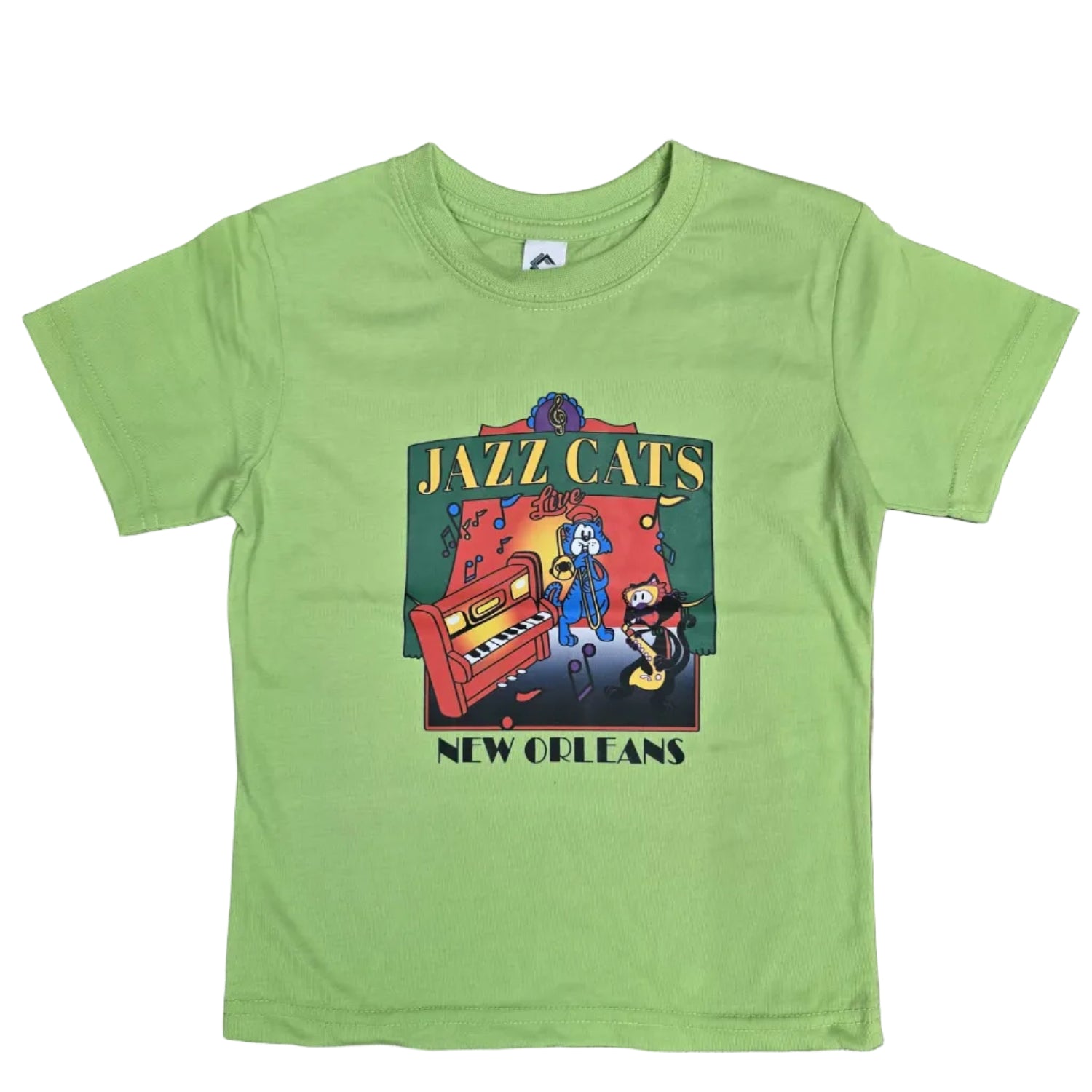 A light green short-sleeve t-shirt with a colorful 'Jazz Cats New Orleans' graphic on the front, laid flat on a white background.