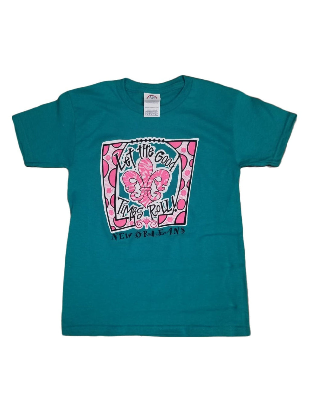 A teal short-sleeve t-shirt with a colorful graphic on the front featuring a pink patterned square , polka dots and the text 'Let the Good Times Roll" and 'NEW ORLEANS'.