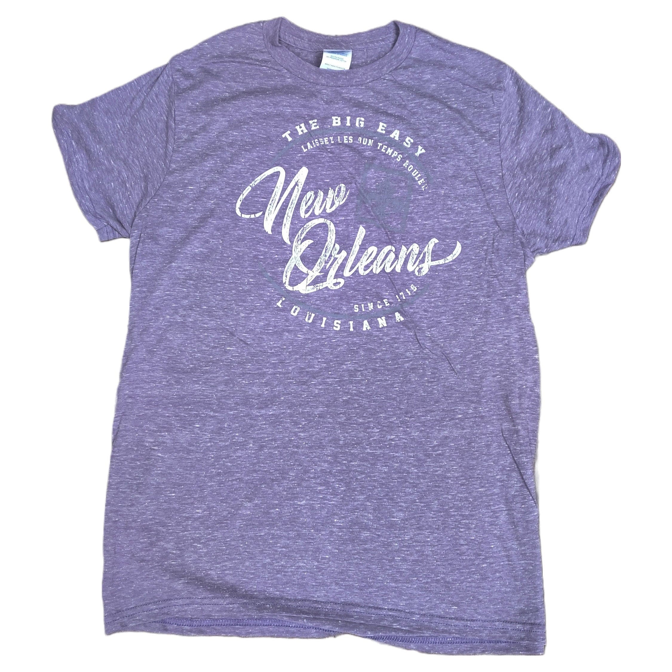 A heather purple short-sleeve t-shirt with a white graphic print on the front reading 'New Orleans' in script, surrounded by smaller text 'The Big Easy', 'Louisiana', and 'Est. 2016'.