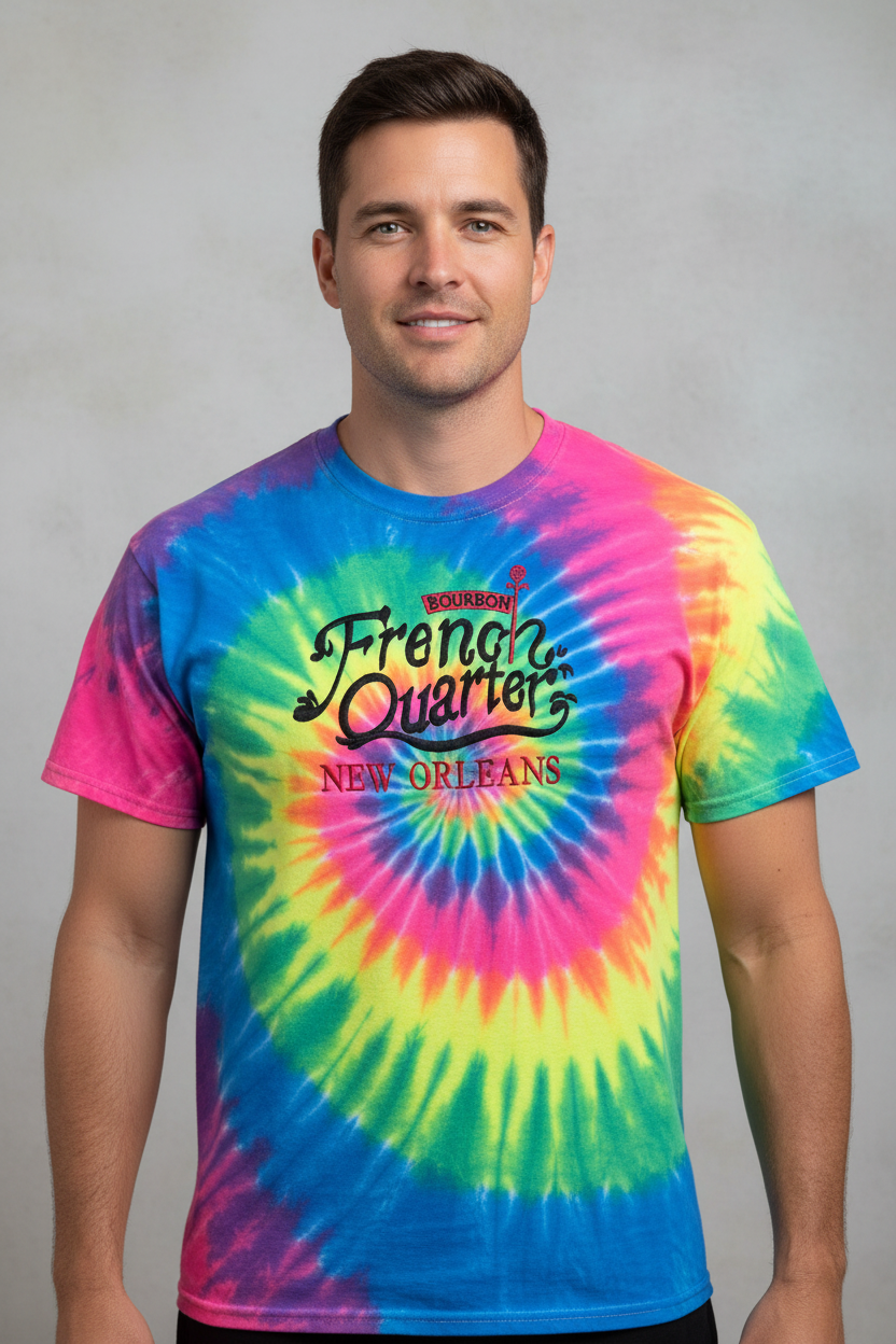A man wearing a vibrant tie-dye t-shirt with a spiral pattern of pink, blue, yellow, and green. The shirt features a graphic on the chest that reads 'French Quarter New Orleans' in black script with a small red Bourbon Street sign logo above it.
