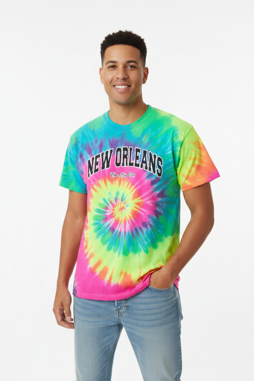 A man wearing a vibrant tie-dye t-shirt with a spiral pattern in green, yellow, pink, and blue, featuring the text 'NEW ORLEANS' printed across the chest. He is also wearing light-wash blue jeans, standing against a plain white studio background.