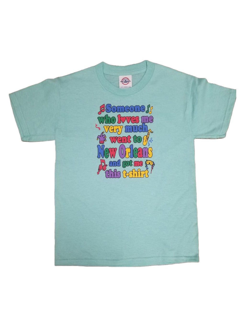 A light blue short-sleeve t-shirt with a colorful graphic text print on the front, displayed against a plain white background.
