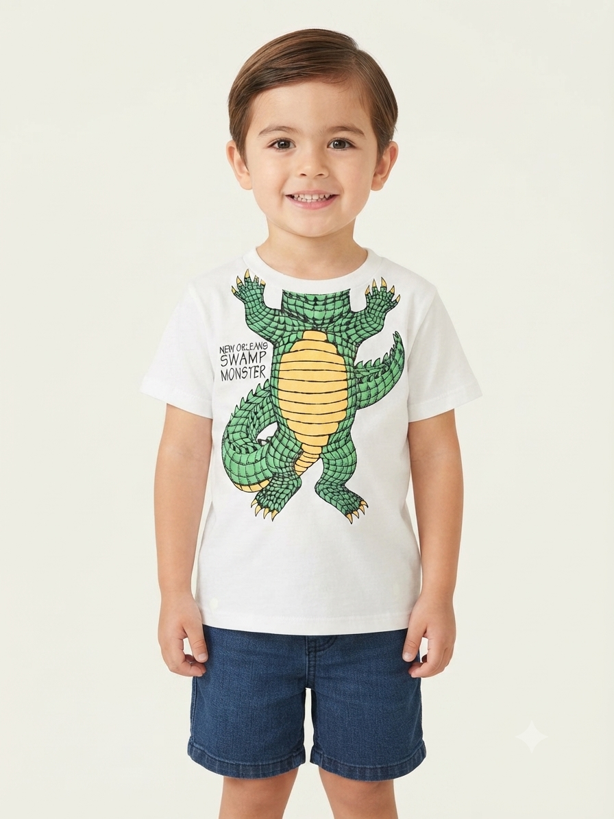 A young boy wearing a white short-sleeve t-shirt with a green and yellow swamp monster graphic, paired with blue denim shorts, standing against a plain off-white background.