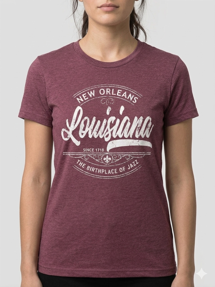 A woman wearing a heathered maroon short-sleeve t-shirt with a distressed white graphic that reads 'New Orleans Louisiana' and 'The Birthplace of Jazz'.