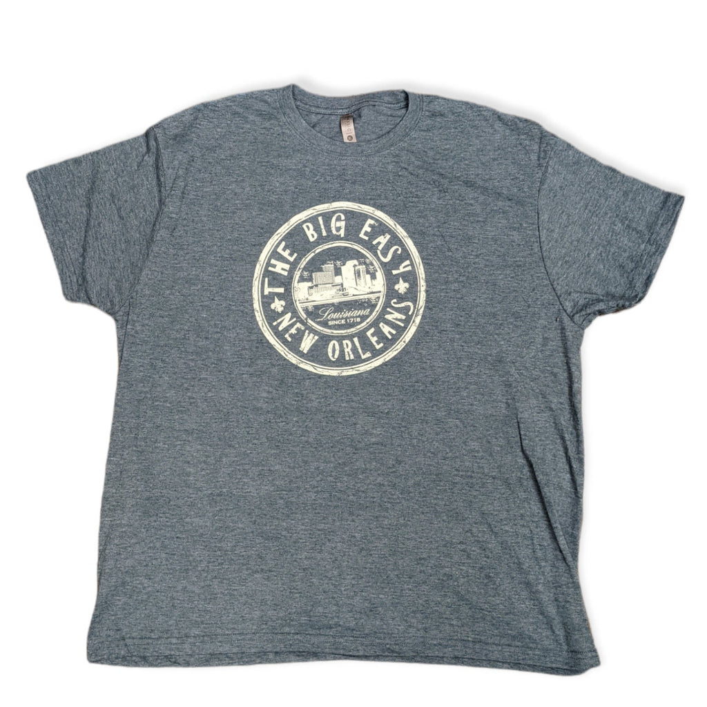 A heather  dark gray short-sleeve t-shirt with a distressed cream-colored circular graphic on the chest that reads 'THE BIG EAST NEW ORLEANS'.