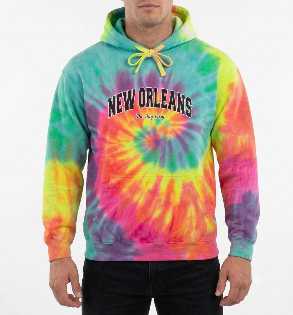 A man wearing a vibrant tie-dye pullover hoodie with a spiral pattern of pink, yellow, green, and orange. The hoodie features 'NEW ORLEANS' printed in black arched letters across the chest with 'The Big Easy' written underneath in script.