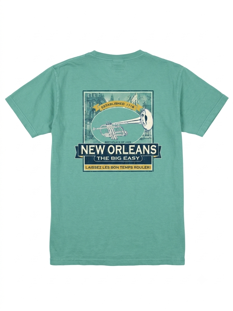 A heathered teal green short-sleeve t-shirt shown from the back, featuring a vintage-style New Orleans graphic print with a trumpet illustration and the text 'NEW ORLEANS THE BIG EASY'.
