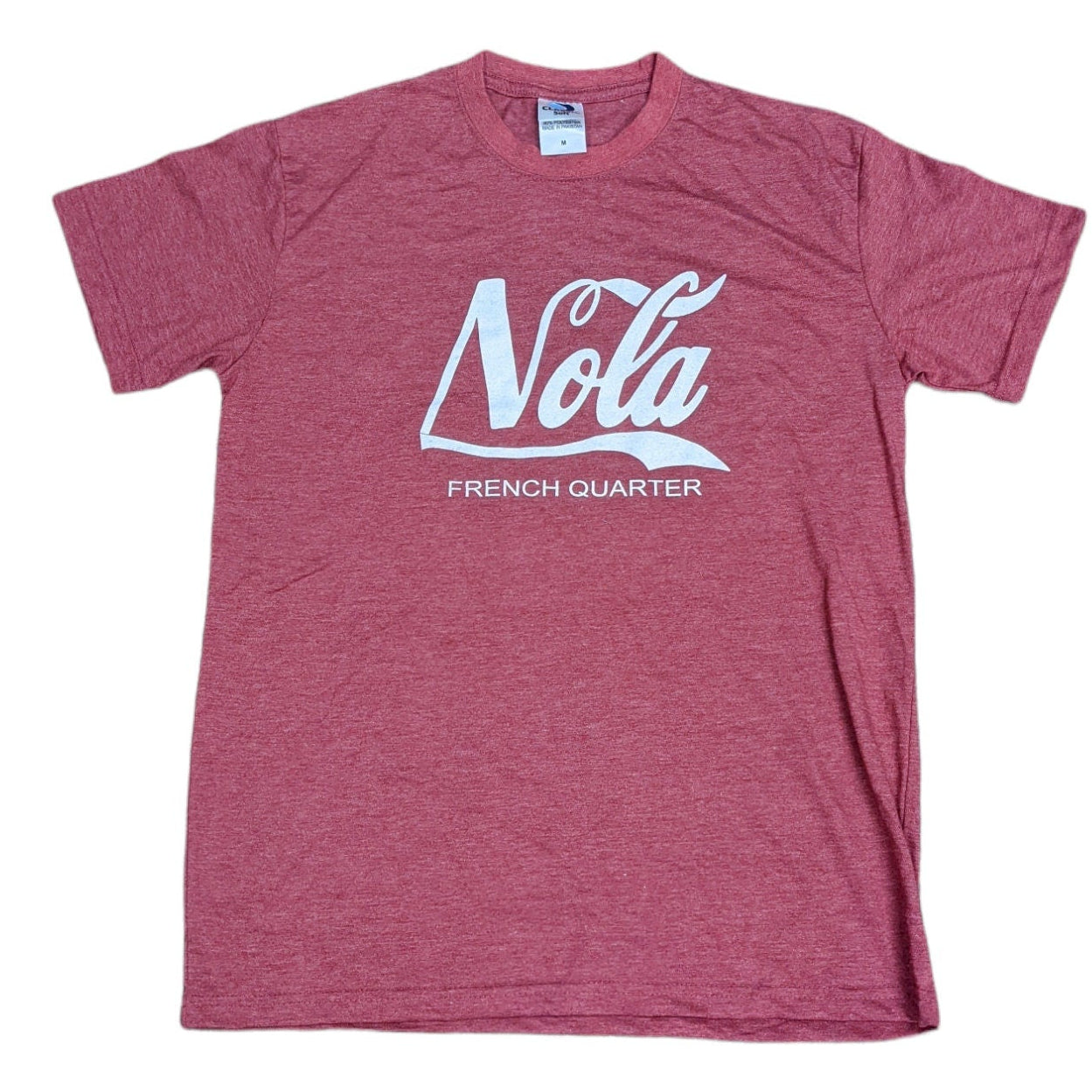 A heathered dusty rose short-sleeve t-shirt with a white graphic print on the front reading 'Nota FRENCH QUARTER' in a retro script font, displayed flat against a white background.