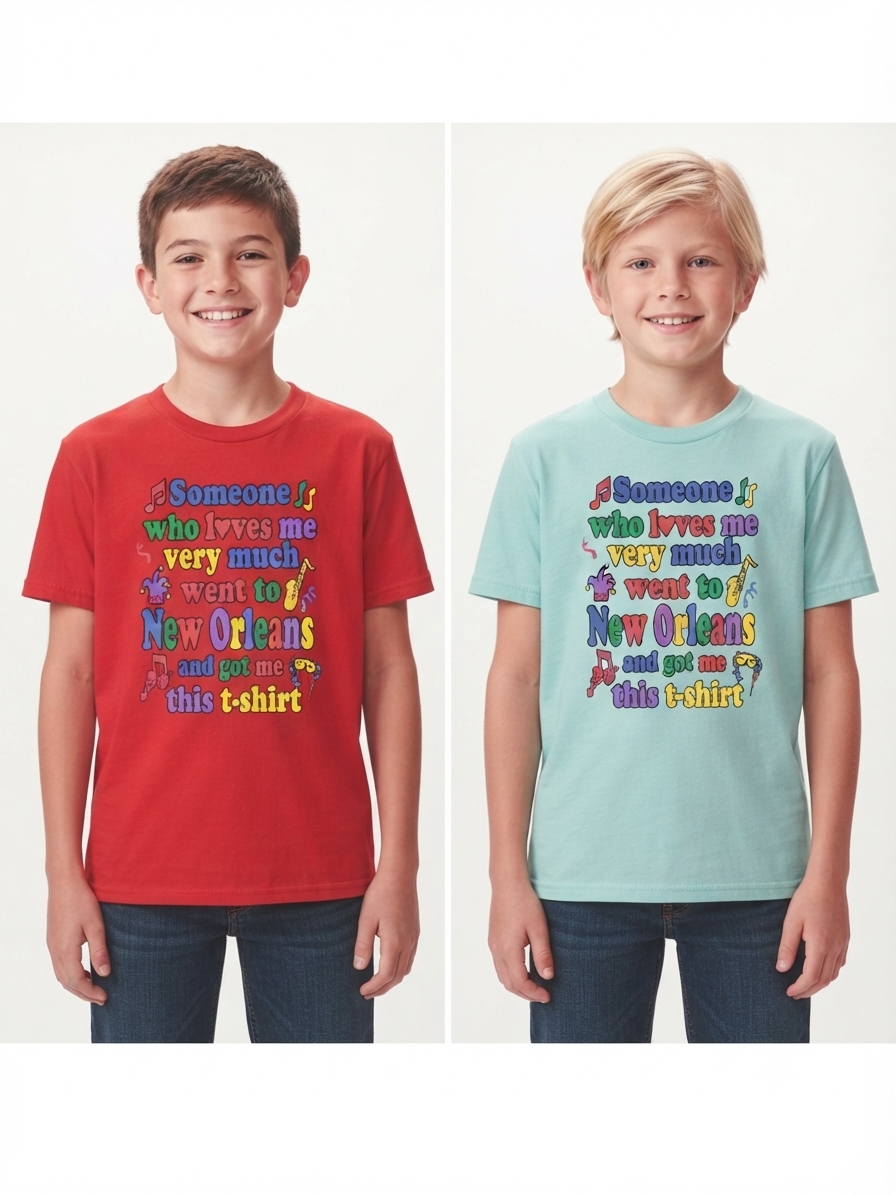 Two children modeling matching graphic t-shirts side-by-side. The child on the left wears a red t-shirt and the child on the right wears a light blue t-shirt.