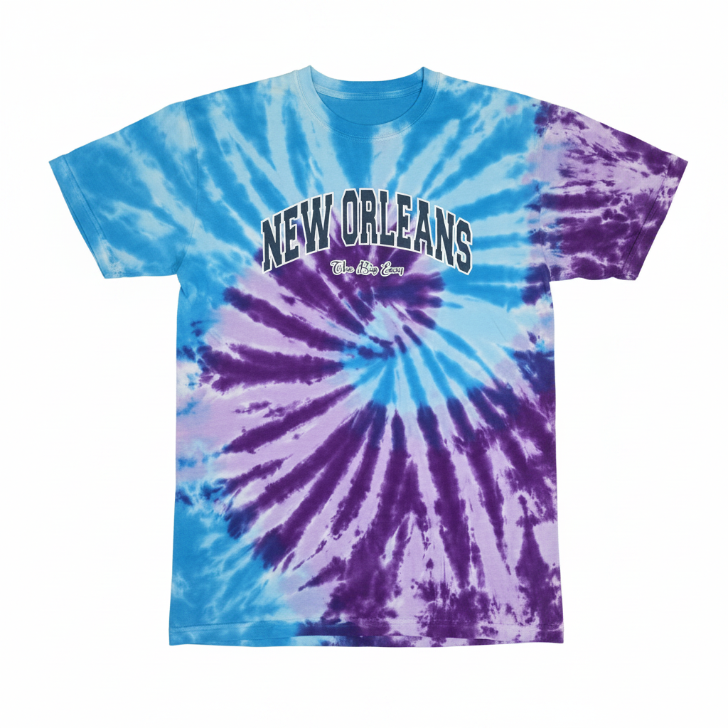 A short-sleeve crewneck t-shirt featuring a blue, purple, and pink spiral tie-dye pattern. The front has the text 'NEW ORLEANS' in arched white letters with a black outline, and 'The Big easy' printed below it in a script font.