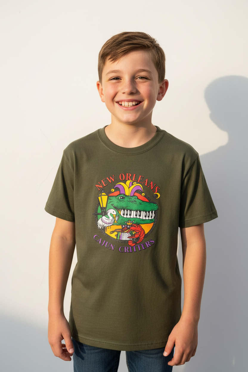 A smiling young boy wearing an olive green graphic t-shirt with a colorful 'New Orleans Cajun Creations' alligator design, standing against a plain light gray wall.