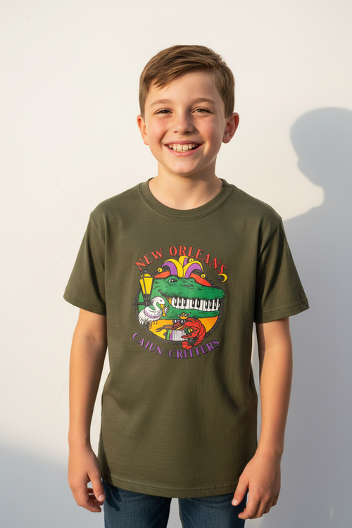 A smiling young boy wearing an olive green graphic t-shirt with a colorful 'New Orleans Cajun Creations' alligator design, standing against a plain light gray wall.