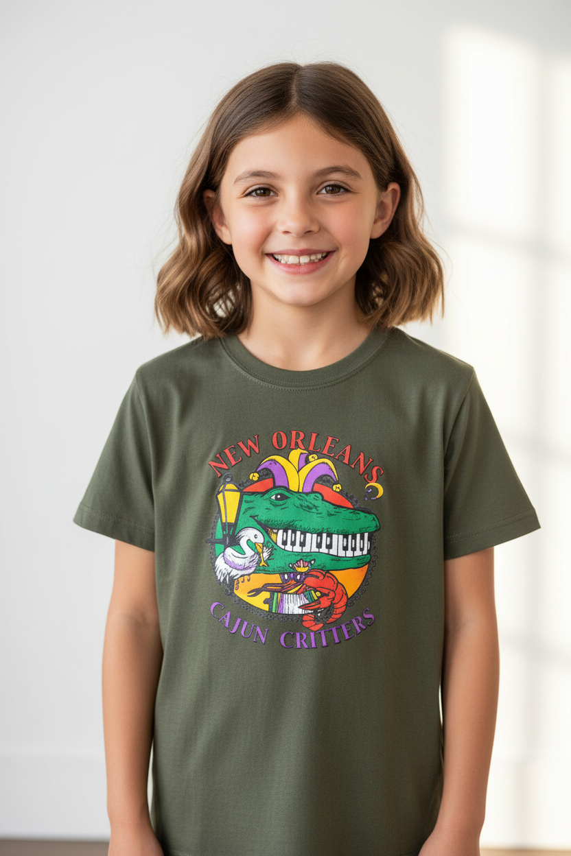 A young girl with shoulder-length brown hair smiling, wearing an olive green t-shirt with a colorful 'New Orleans Cajun Creations' alligator graphic on the front, set against a bright, softly lit indoor background.