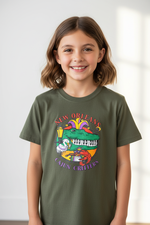A young girl with shoulder-length brown hair smiling, wearing an olive green t-shirt with a colorful 'New Orleans Cajun Creations' alligator graphic on the front, set against a bright, softly lit indoor background.