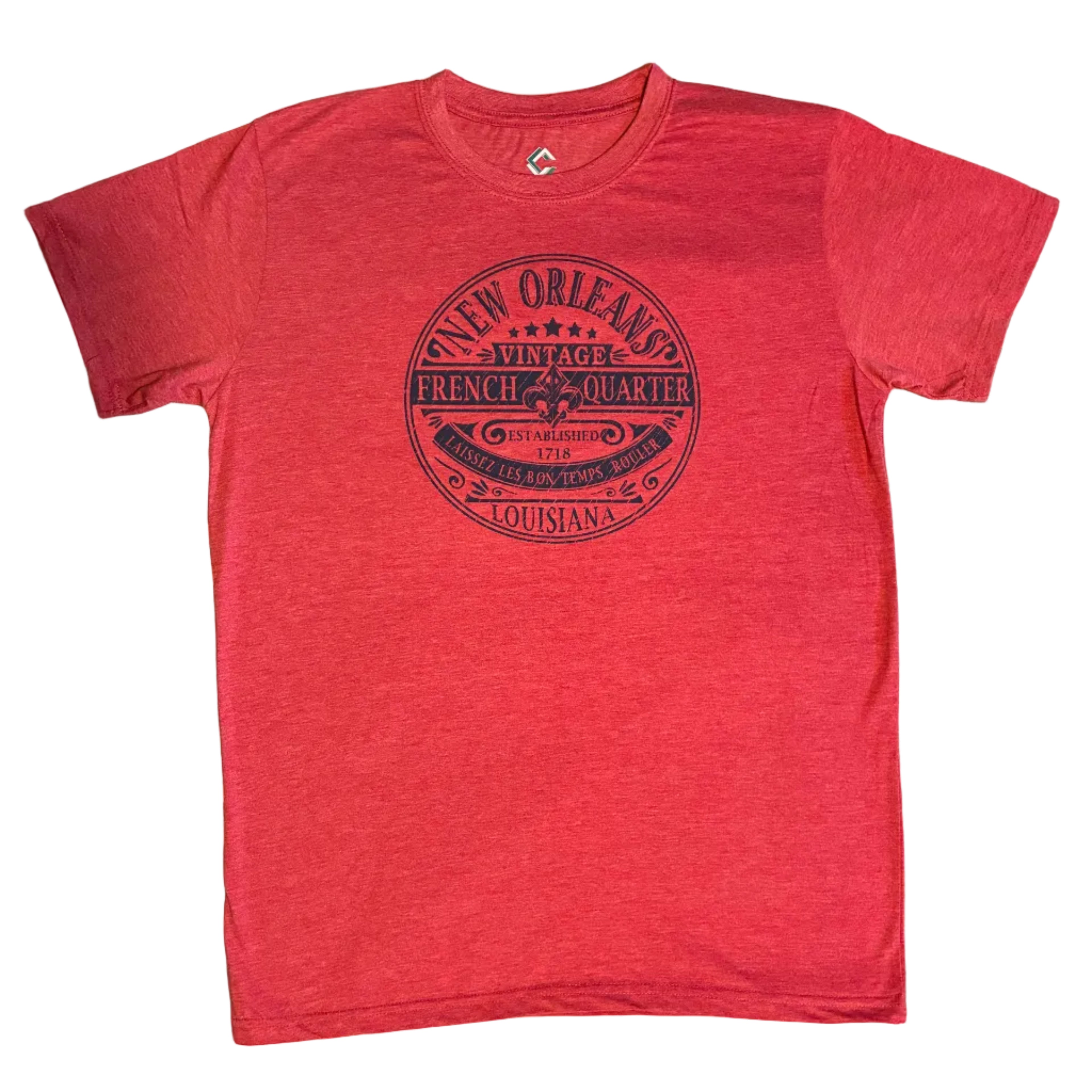 A red heather short-sleeve t-shirt with a dark navy blue circular graphic on the chest reading 'New Orleans Vintage French Quarter'.