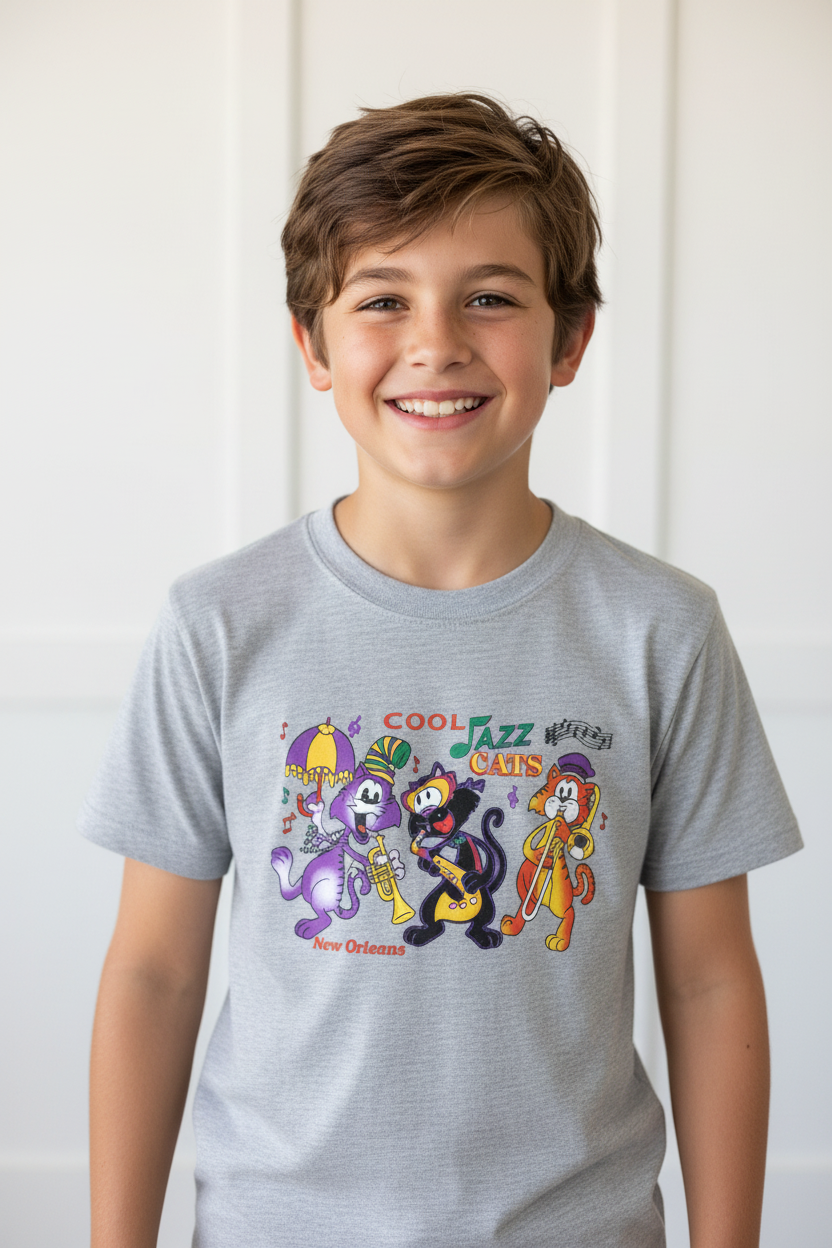 A smiling young boy with brown hair wearing a light gray heather t-shirt with a colorful cartoon jazz club graphic on the front, set against a white paneled wall background.