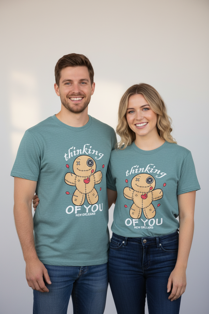 Couple in Heather Dusty Blue Voodoo Doll Tee