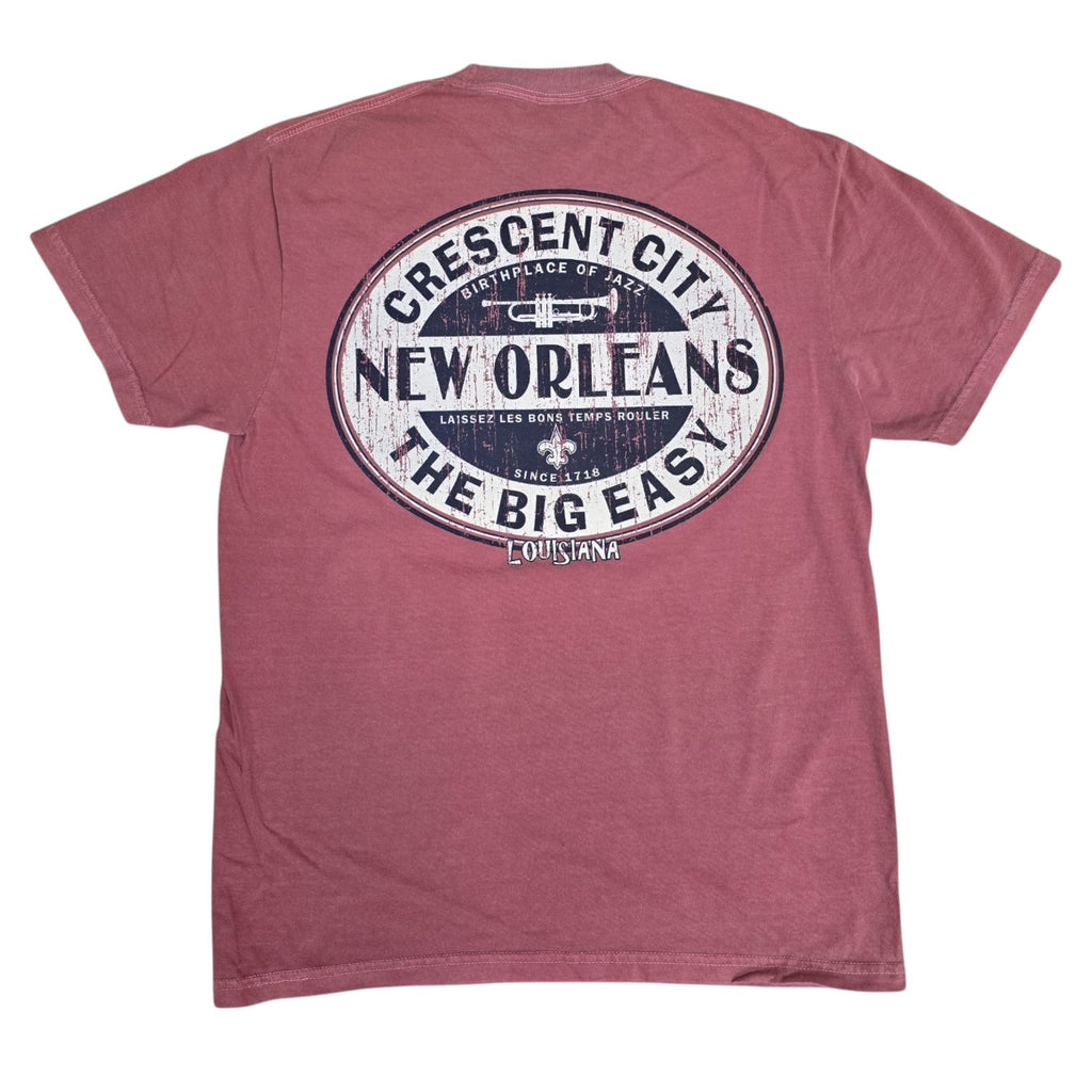 Back view showing large Crescent City New Orleans oval graphic with trumpet and fleur-de-lis