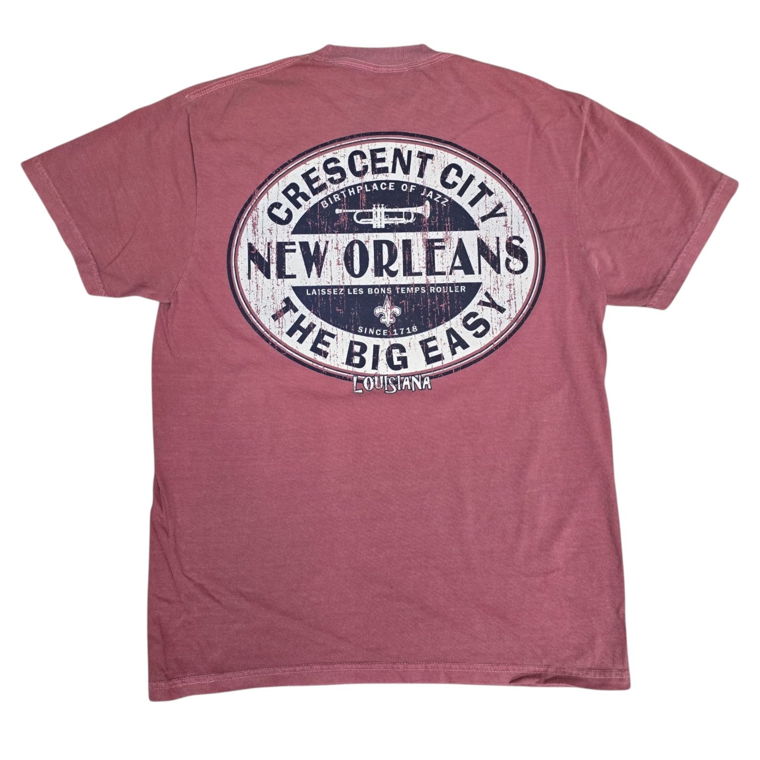 Back view showing large Crescent City New Orleans oval graphic with trumpet and fleur-de-lis