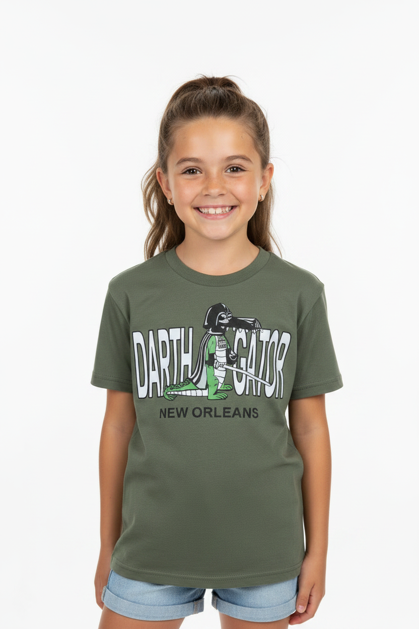 A young girl smiling and wearing an olive green short-sleeve t-shirt with a 'DARTH GATOR NEW ORLEANS' graphic on the front, paired with denim shorts, against a plain white background.