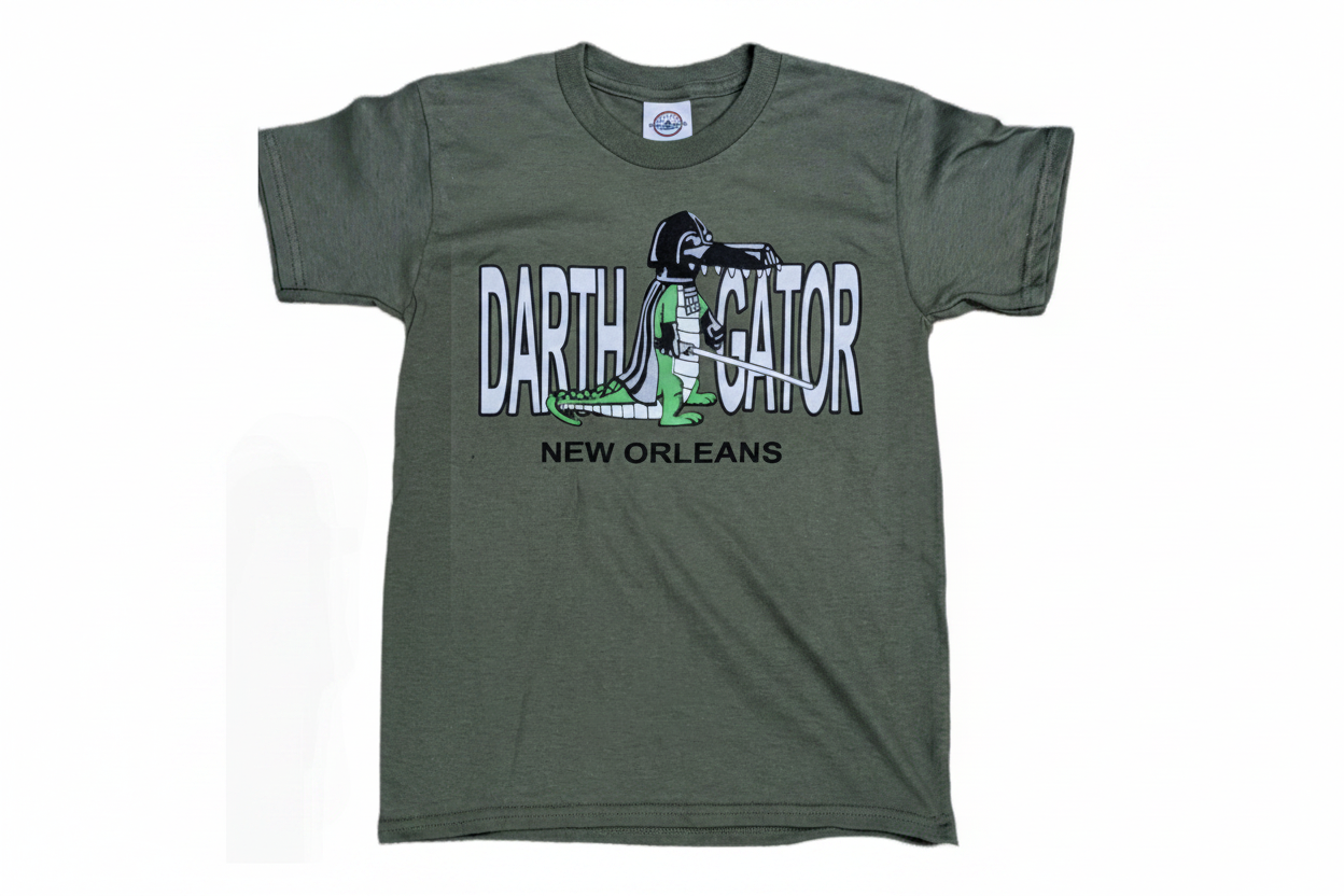 An olive green short-sleeve t-shirt with a graphic on the front featuring the text 'DARTH GATOR' and 'NEW ORLEANS' with a cartoon gator illustration, displayed against a plain white background.