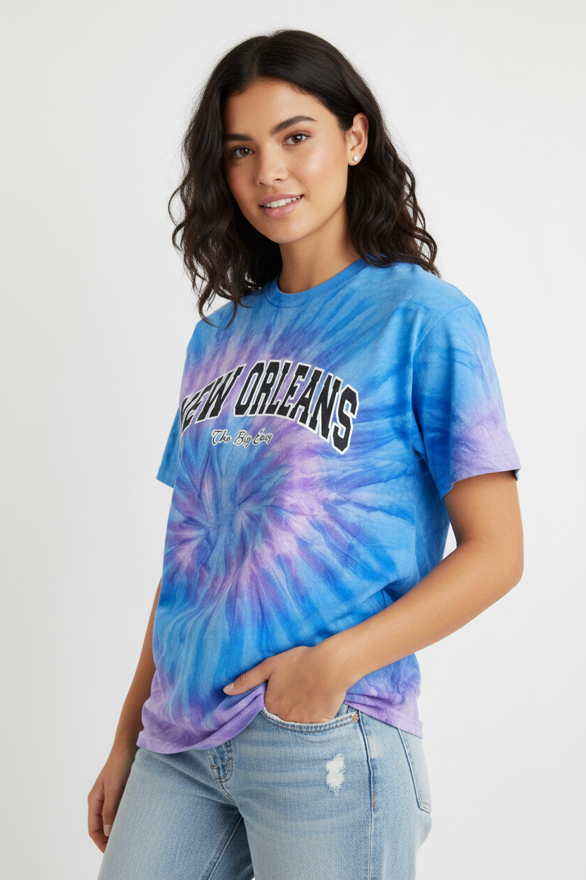 Female model blue purple tie-dye