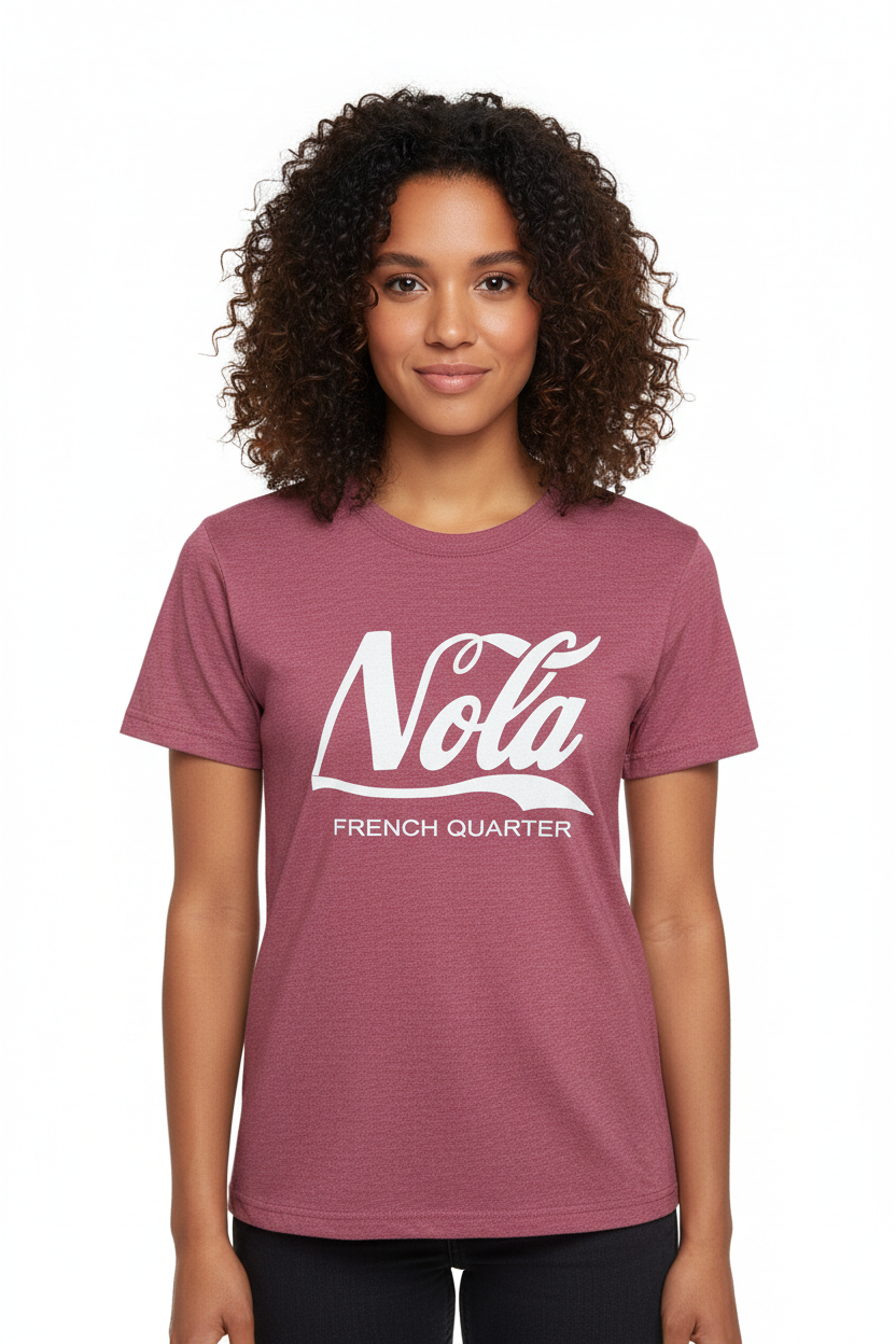 Female model closer view in crimson NOLA tee