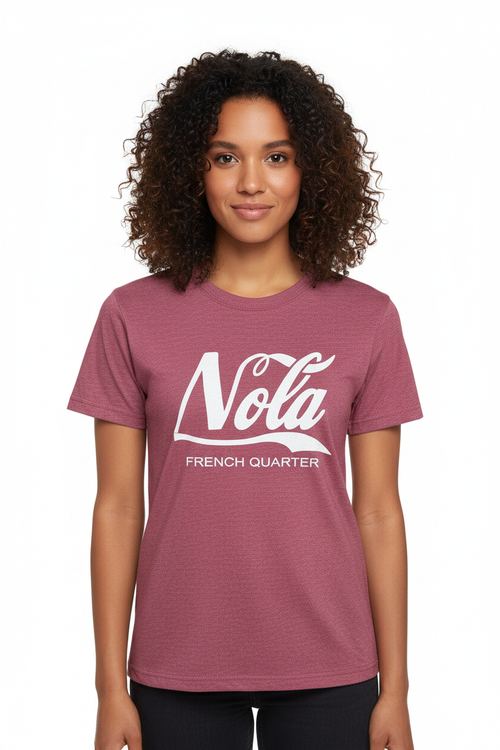 A woman with curly dark hair wearing a heathered dusty rose short-sleeve t-shirt with a white graphic print that reads 'Nola FRENCH QUARTER' on the front, set against a plain white background.