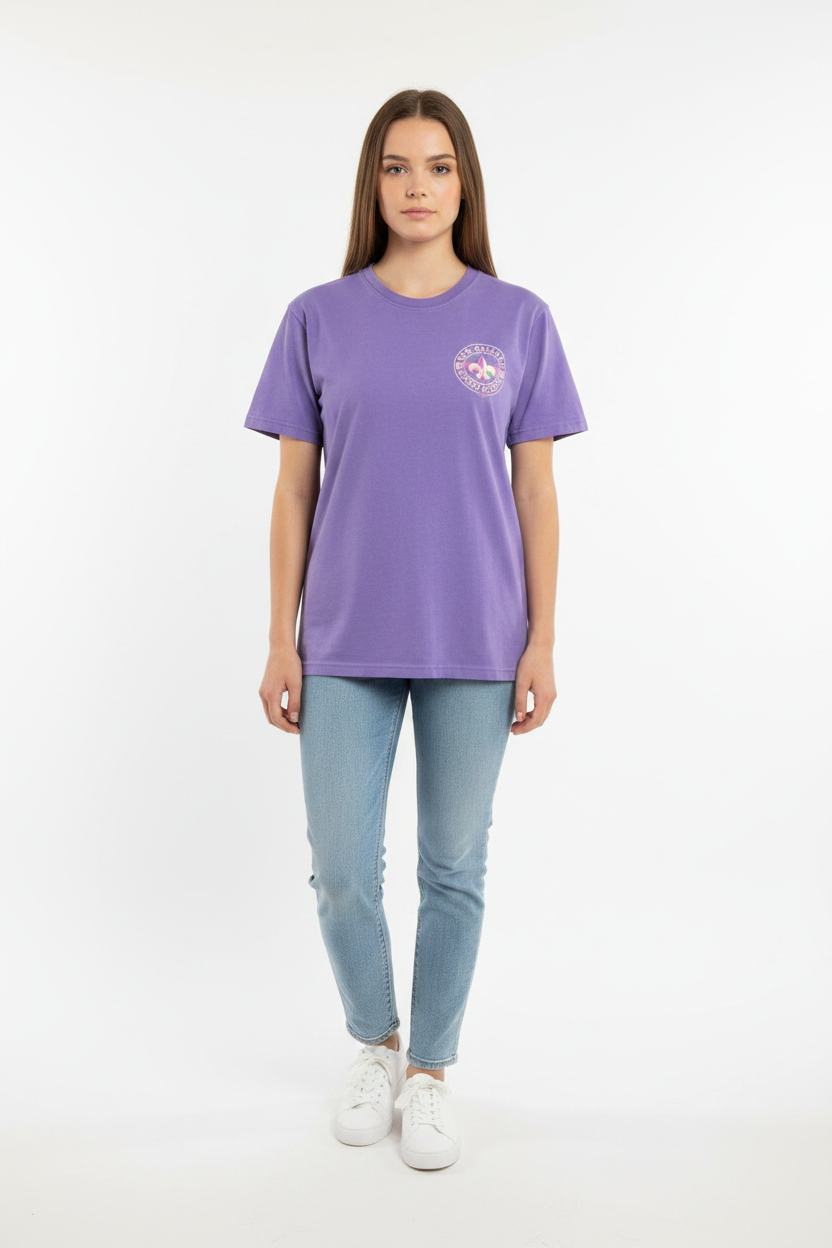 Female model front view in purple New Orleans tee