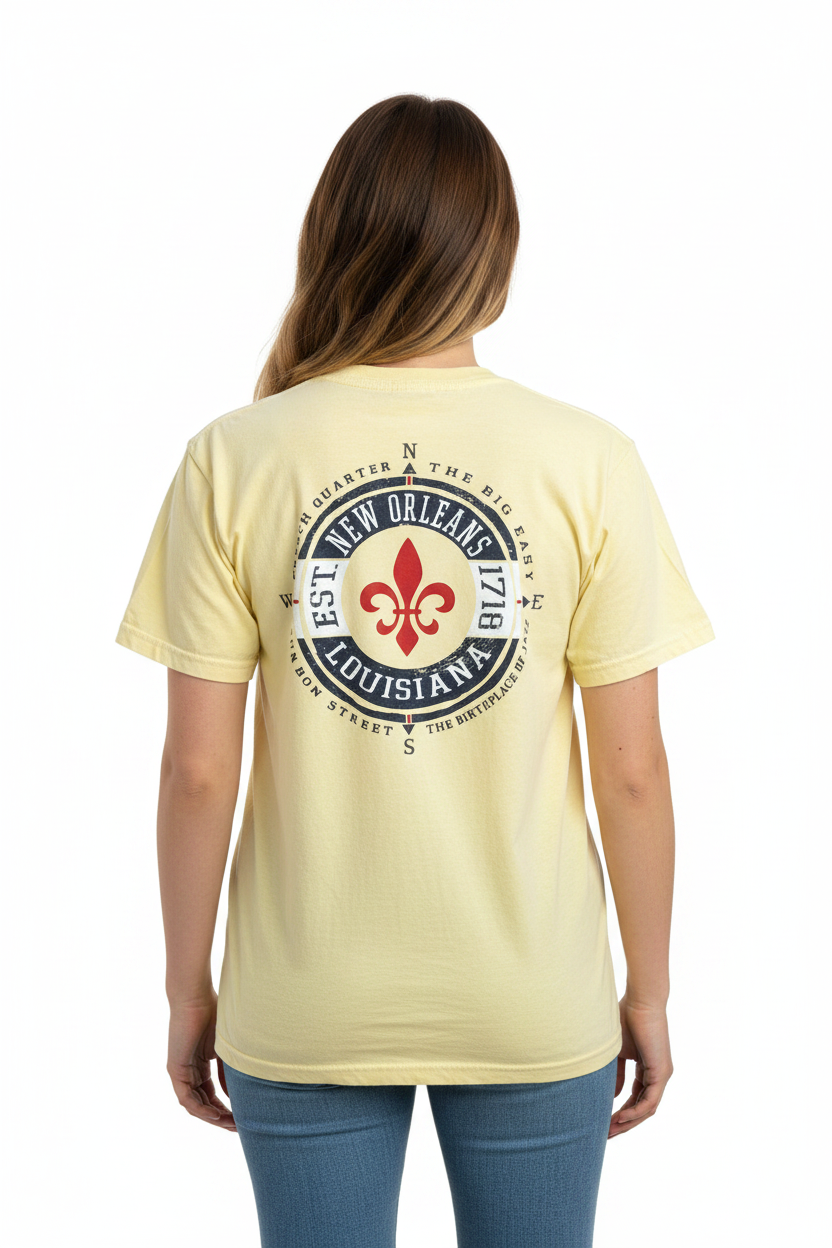 Female model in butter yellow New Orleans tee