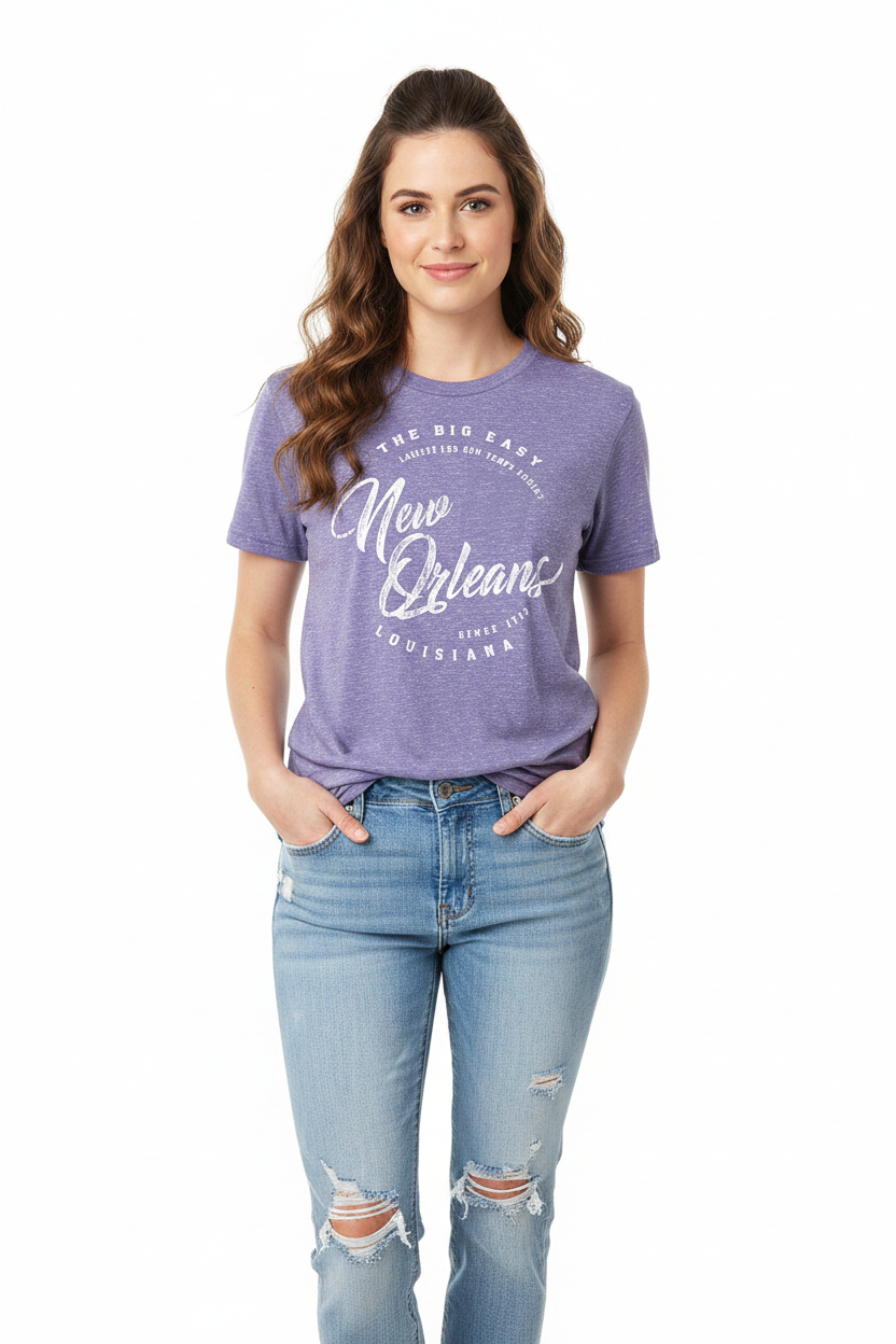 Female model in heather purple New Orleans tee
