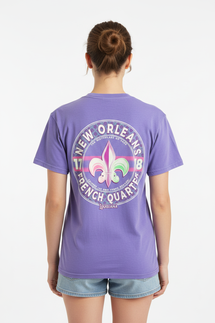 Female model in purple New Orleans French Quarter tee