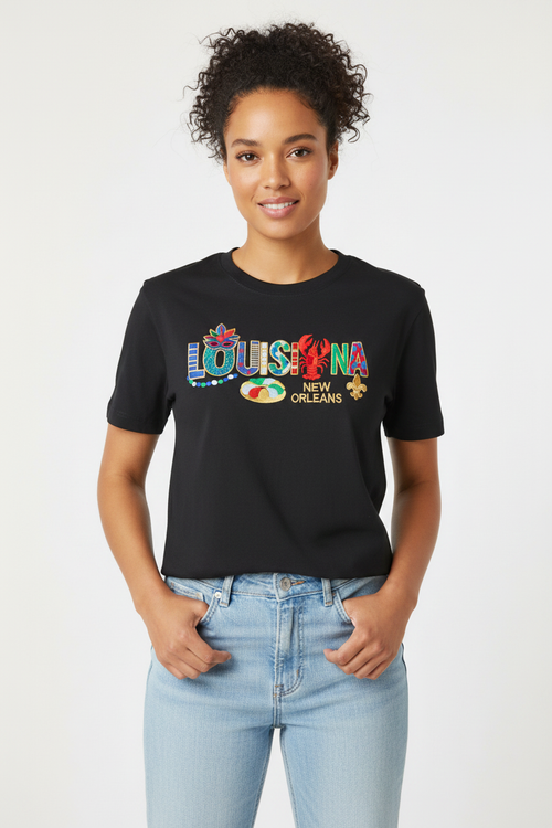 Female model - Louisiana New Orleans Embroidered Tee