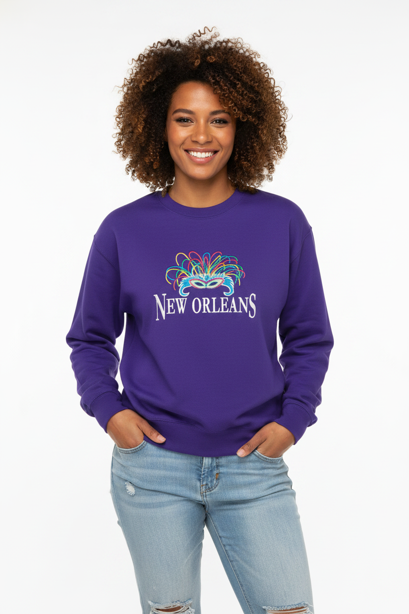 Female model purple sweatshirt