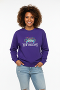 Female model purple sweatshirt
