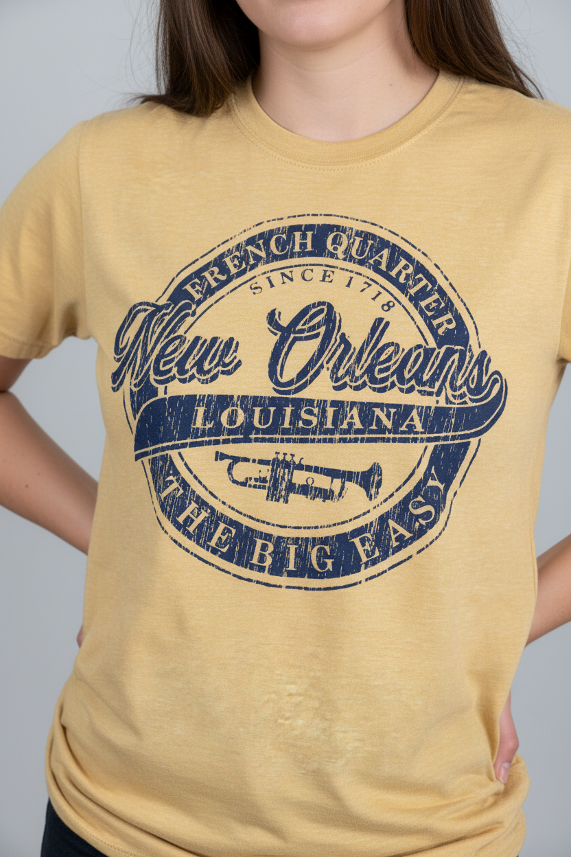 Female model wearing Big Easy Trumpet Tee