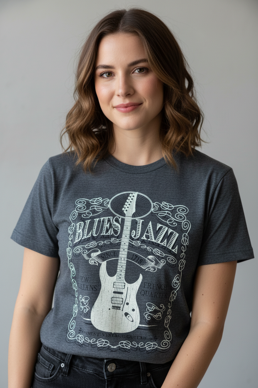 Female model wearing Blues Jazz Guitar Tee