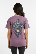 Female model with smaller fleur-de-lis graphic