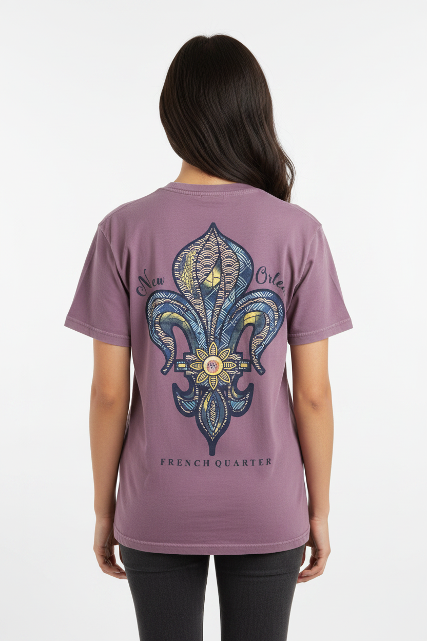 Female model with smaller fleur-de-lis graphic