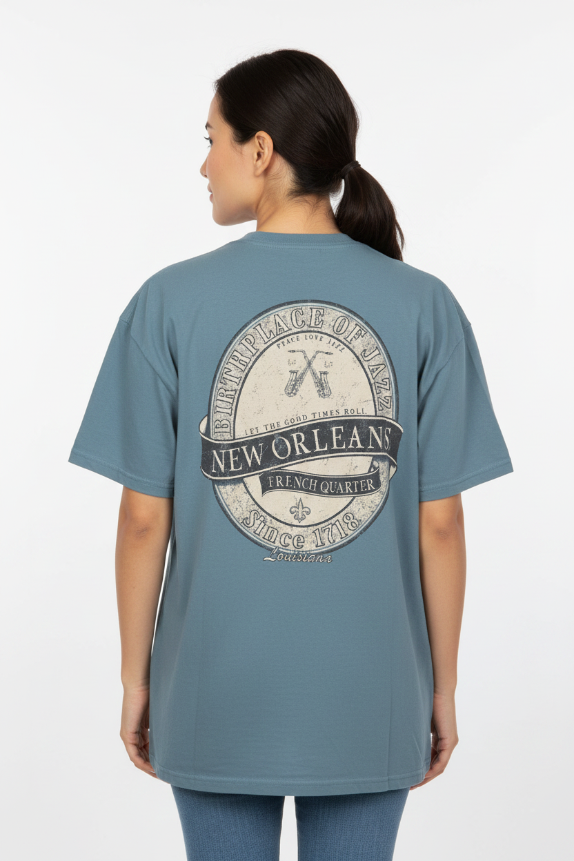 French Quarter Jazz Tee – Female Model Back