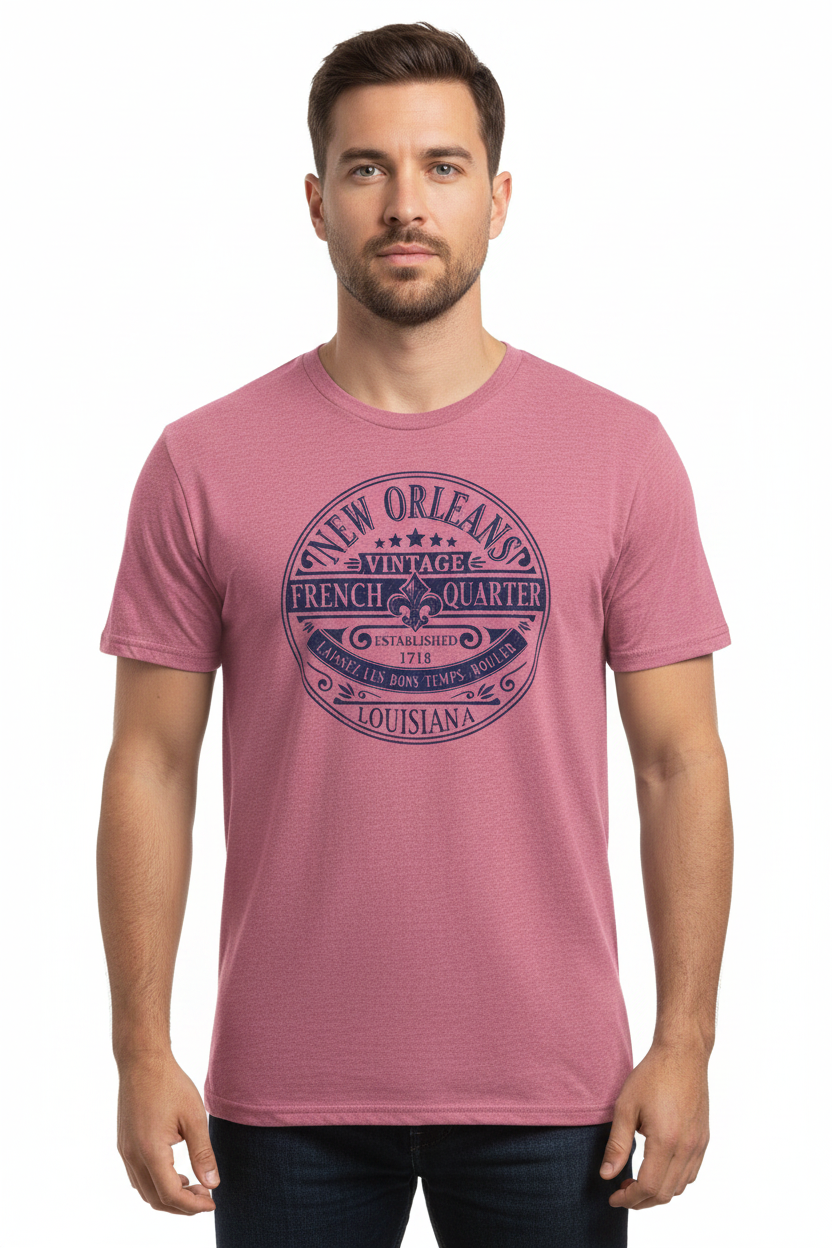 French Quarter Tee – Male Model Heather Crimson