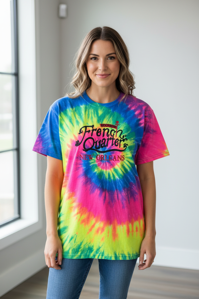 A woman wearing a vibrant tie-dye t-shirt with a spiral pattern of blue, pink, yellow, and green, featuring the text 'French Quarter New Orleans' printed on the front. She is standing in a brightly lit room with a window on the left.