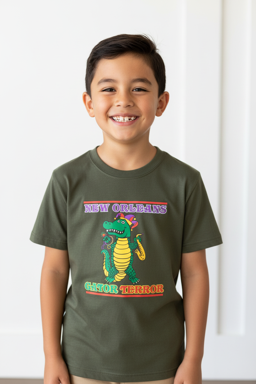 A smiling young boy wearing an olive green t-shirt with a colorful graphic of a green alligator playing a saxophone and the text 'NEW ORLEANS GATOR TERROR'.
