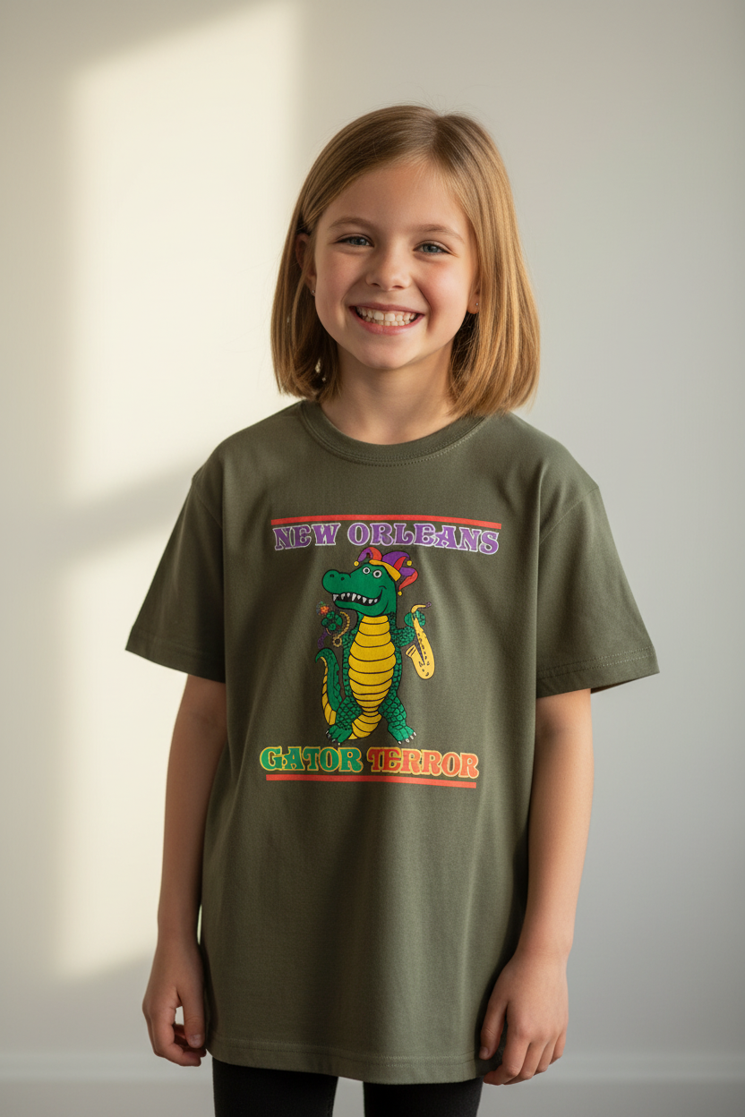 A young girl with shoulder-length light brown hair smiling while wearing an olive green t-shirt with a colorful 'New Orleans Cheetah Senior' graphic on the front, set against a neutral light gray background with soft window light shadows.
