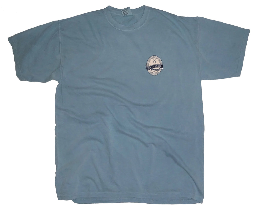 Front view of slate blue garment dyed New Orleans French Quarter jazz tee with chest logo