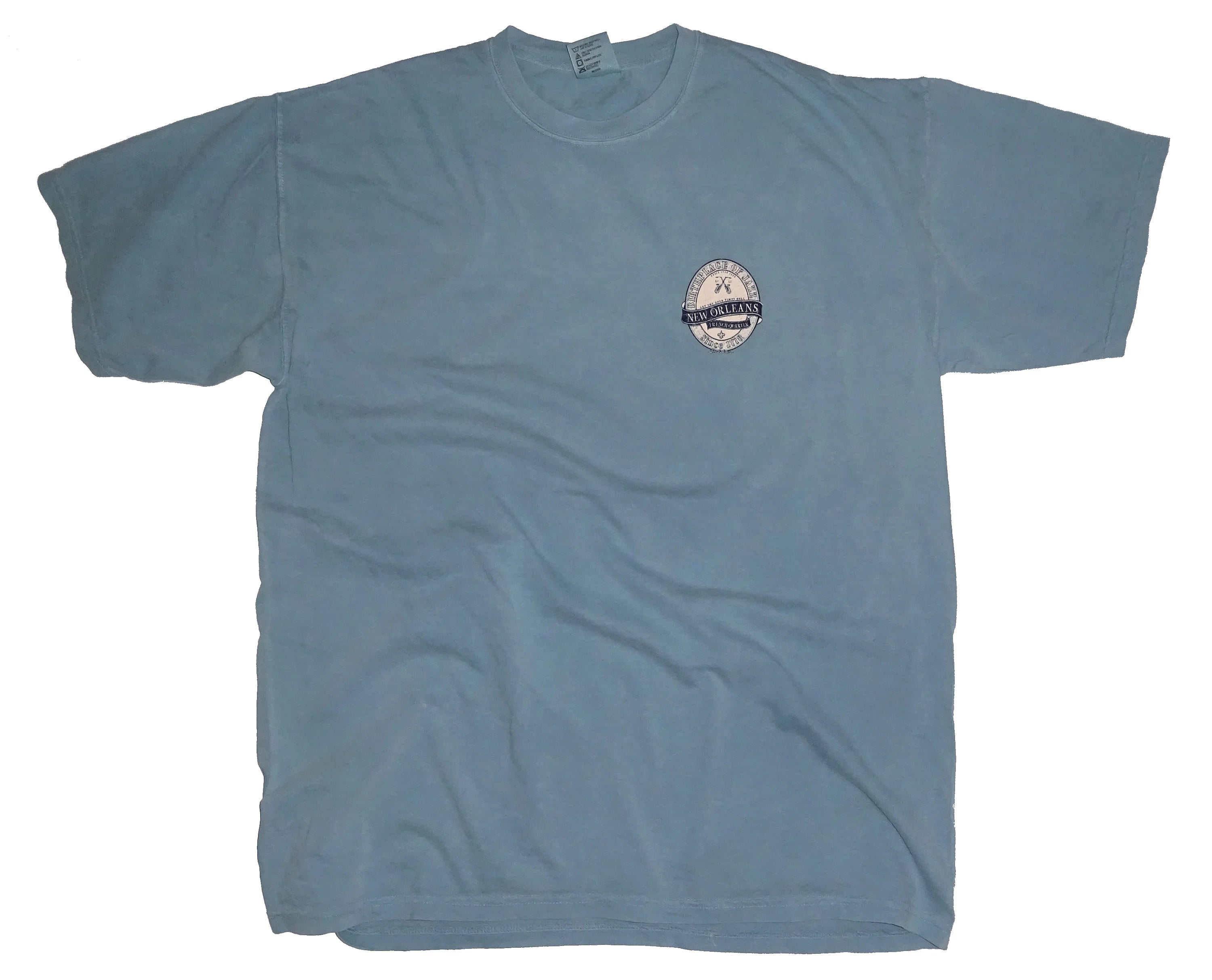 Front view of slate blue garment dyed New Orleans French Quarter jazz tee with chest logo