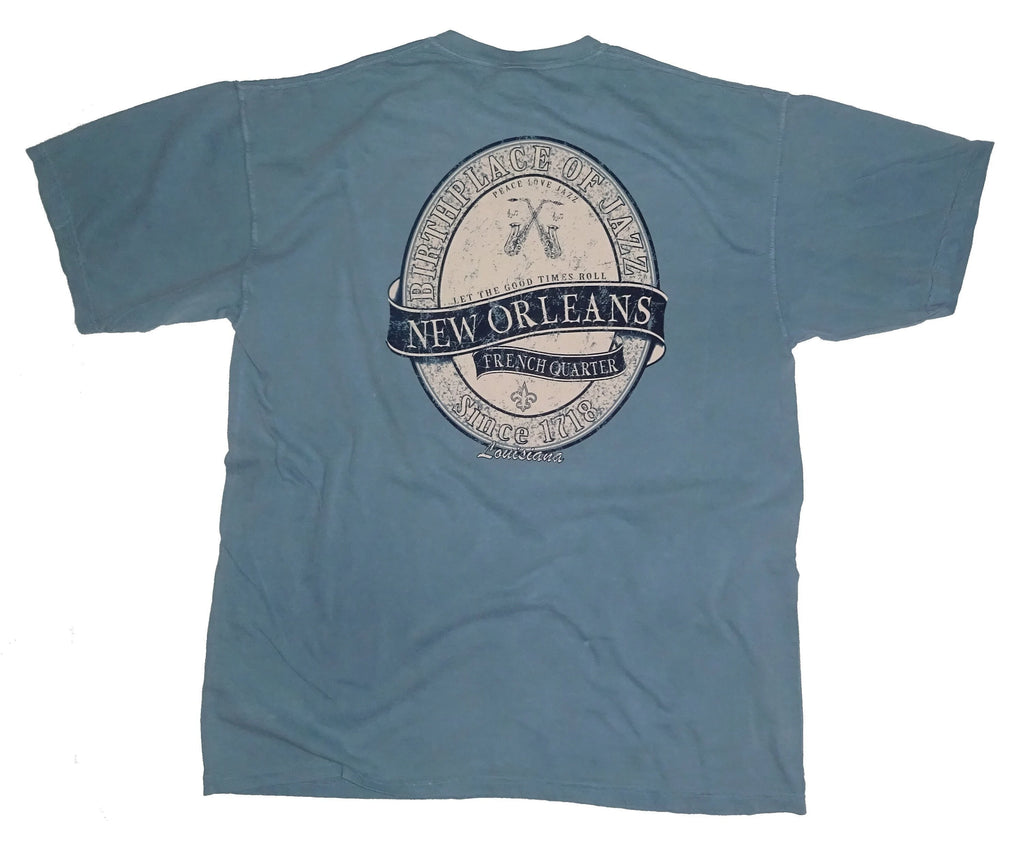 Back view showing large oval graphic with crossed saxophones, Birthplace of Jazz, French Quarter, Since 1718