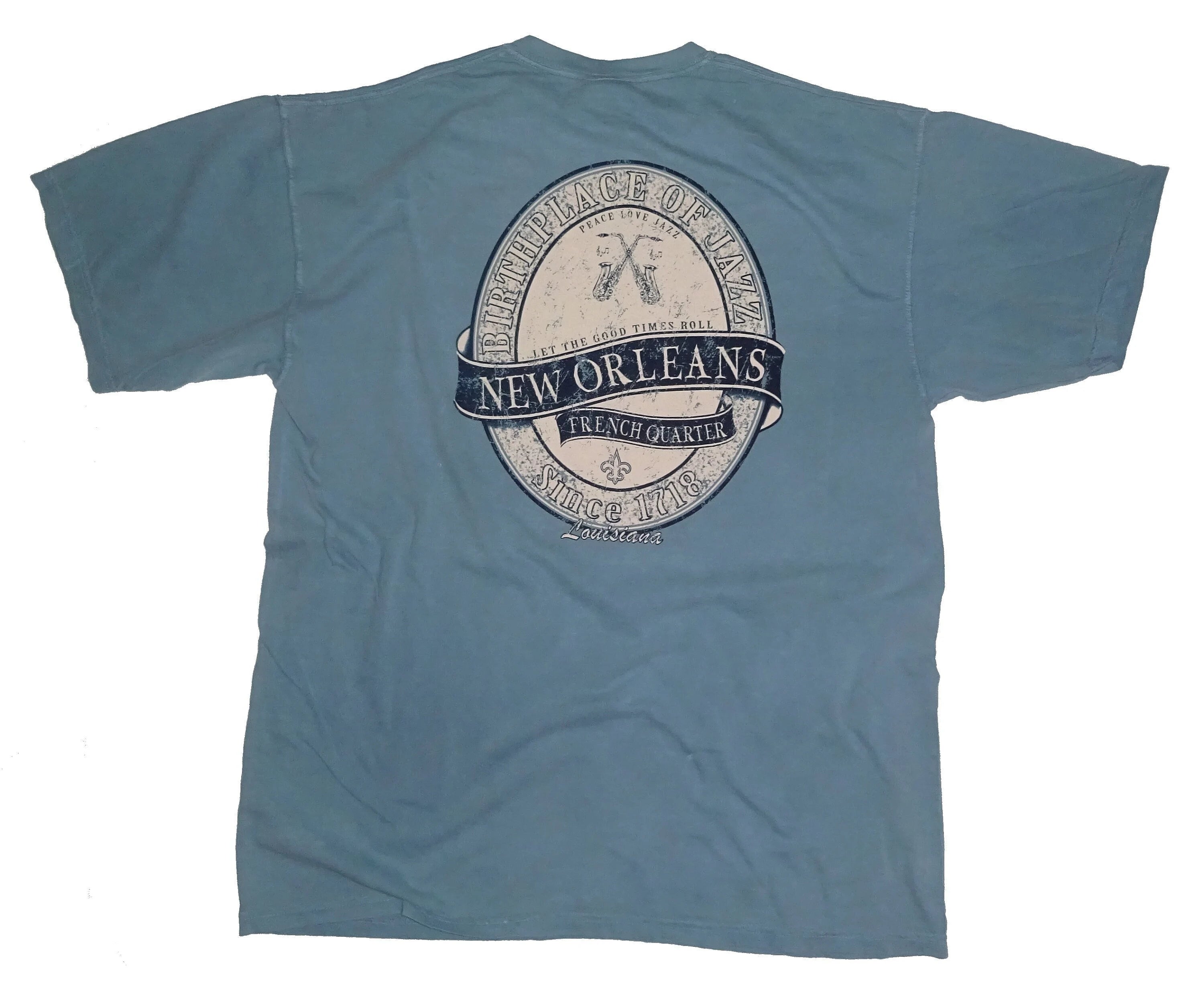 Back view showing large oval graphic with crossed saxophones, Birthplace of Jazz, French Quarter, Since 1718