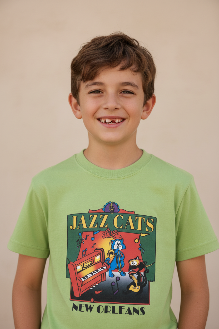 A young boy with brown hair smiling, wearing a light green graphic t-shirt with 'JAZZ CATS NEW ORLEANS' and cartoon cats playing instruments on the front, set against a plain beige background.